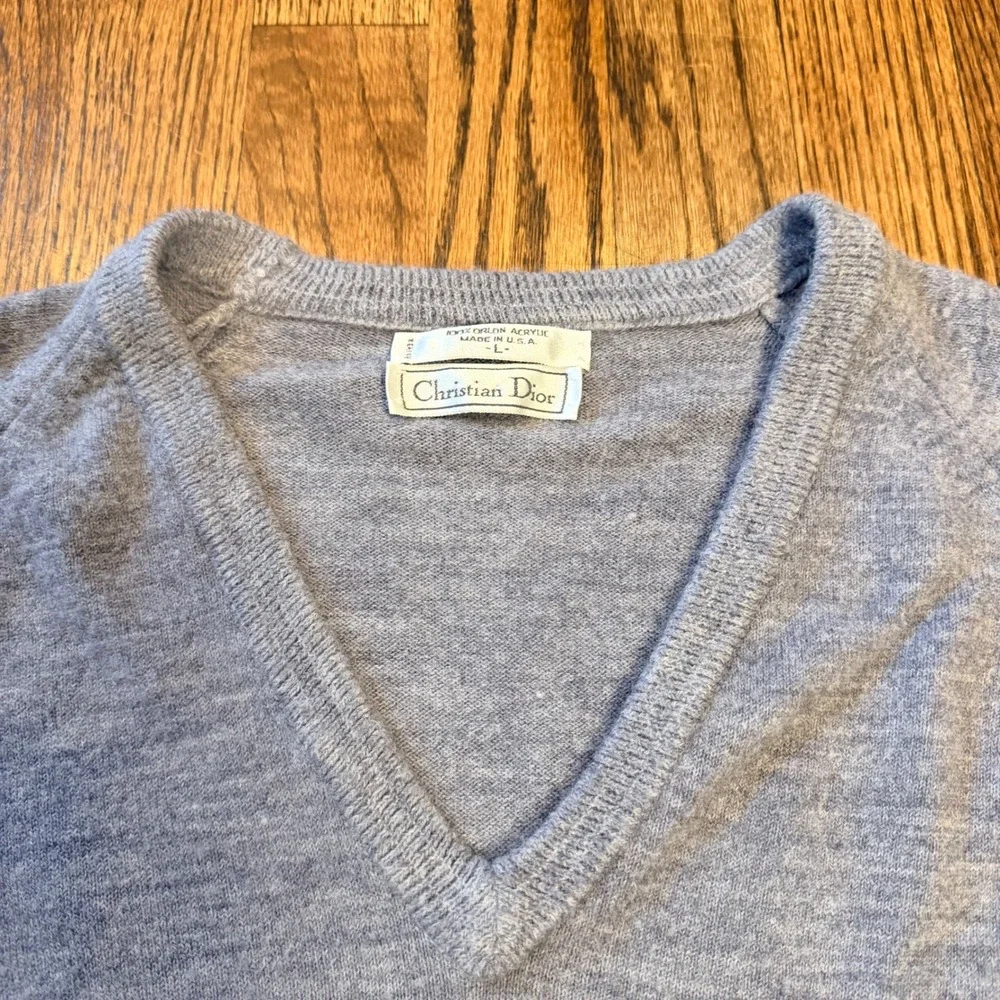 Christian Dior Monsieur Vintage 80s V-Neck Sweater Logo Orlon Large‎ Gray